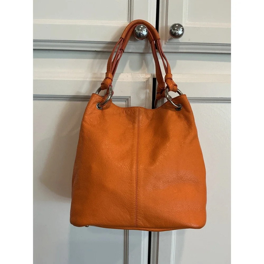 Puntotres Barcelona VINTAGE Orange Leather Satchel Crossbody Bucket Bag‎